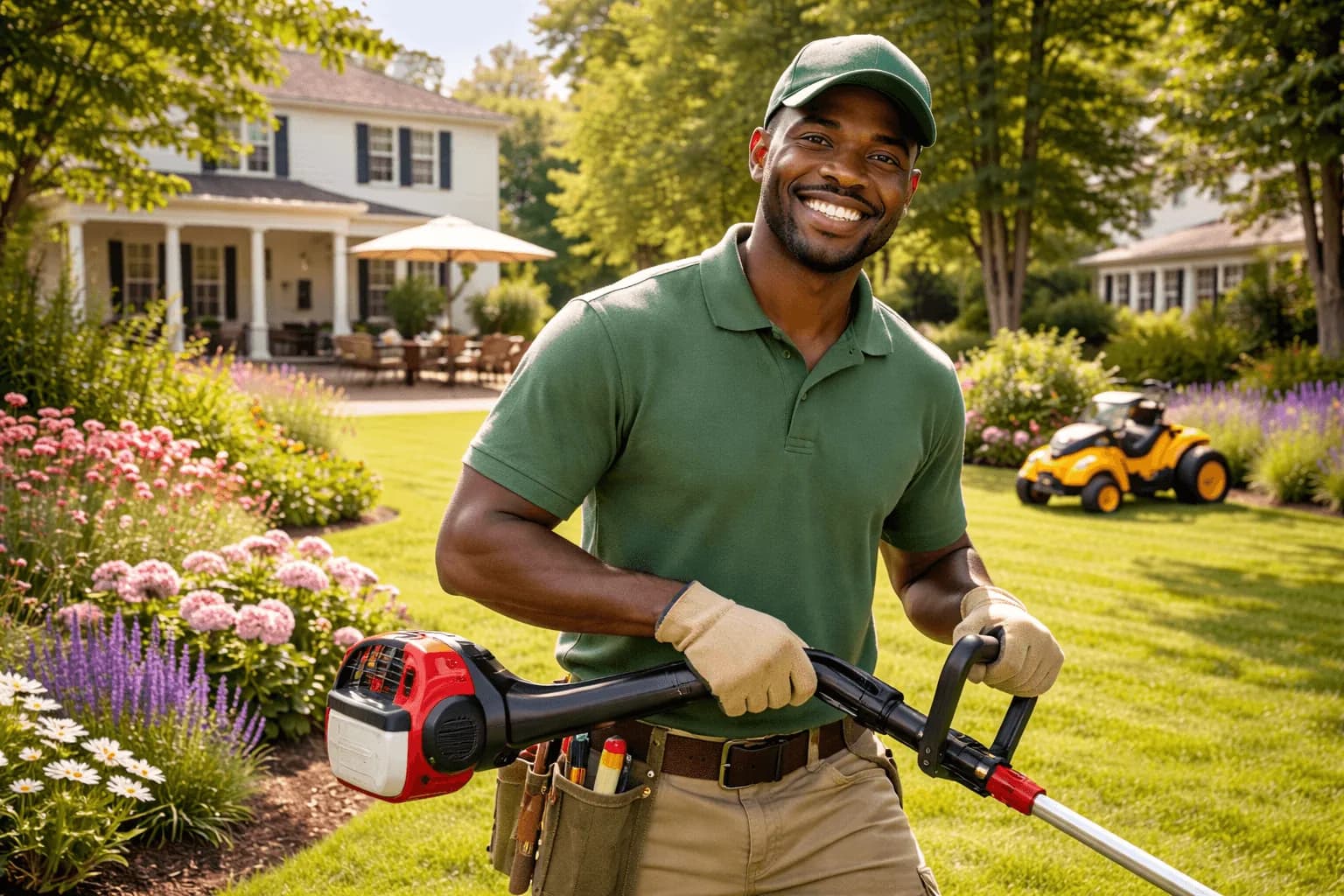 Lawn care professional with trimmer