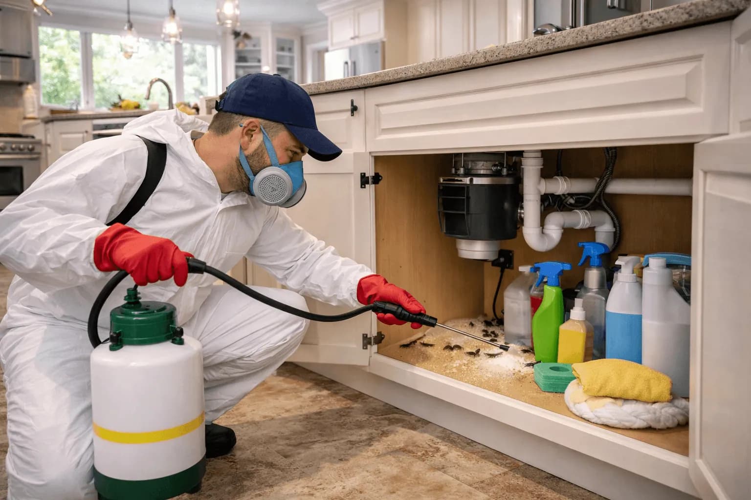Pest control professional spraying